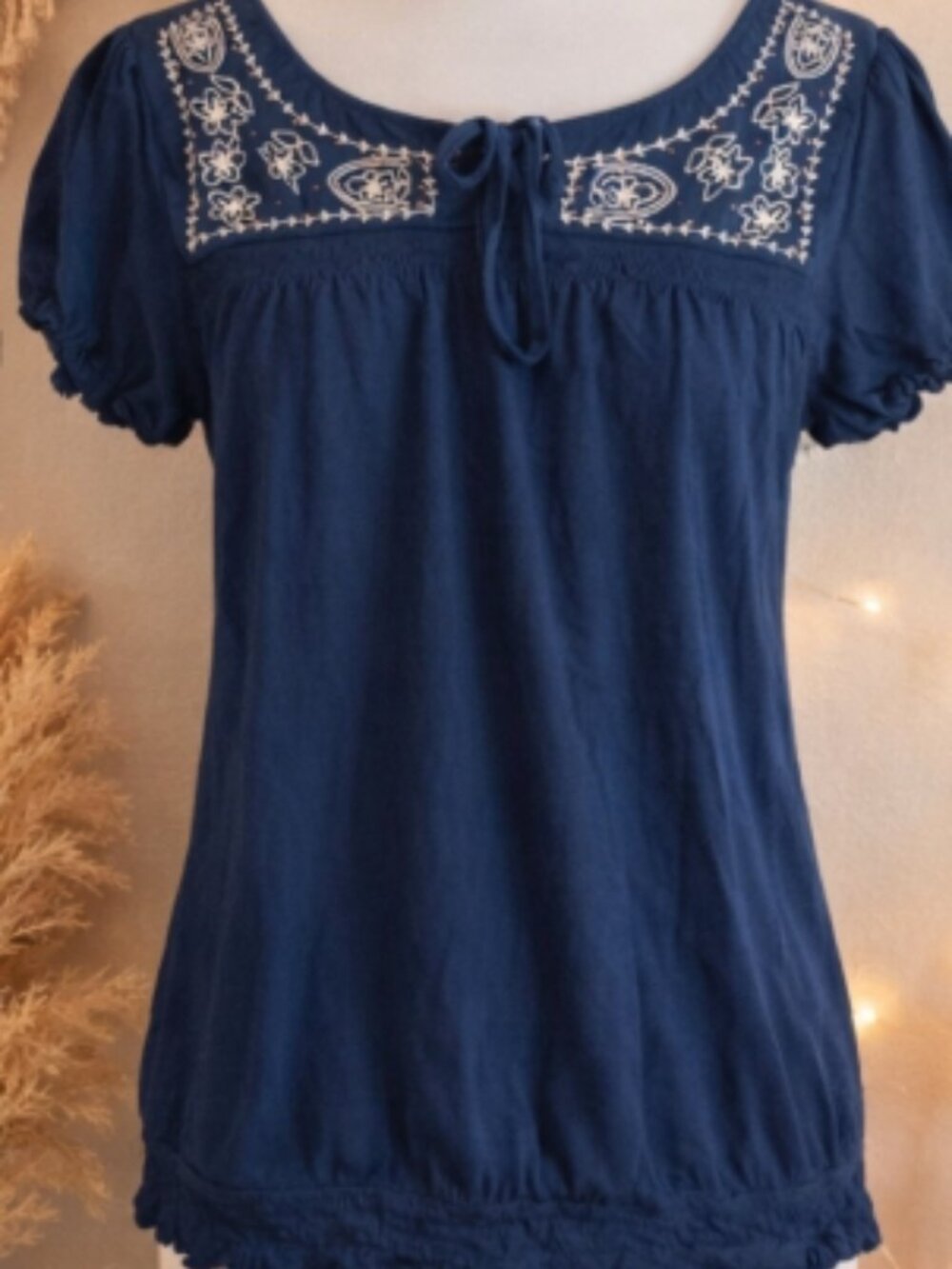 Faded Glory Navy Blue Embroidered Top M Boho Peasant Cottagecore Festival Folk